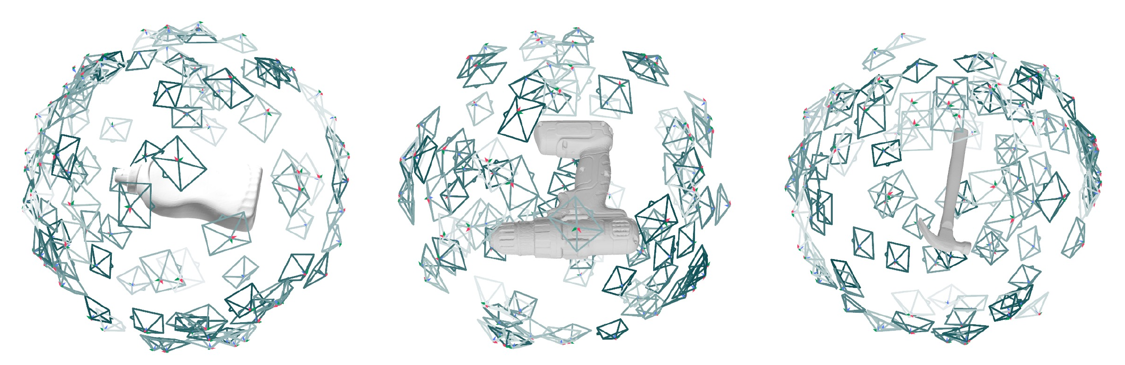 Random camera viewpoints around three YCB objects